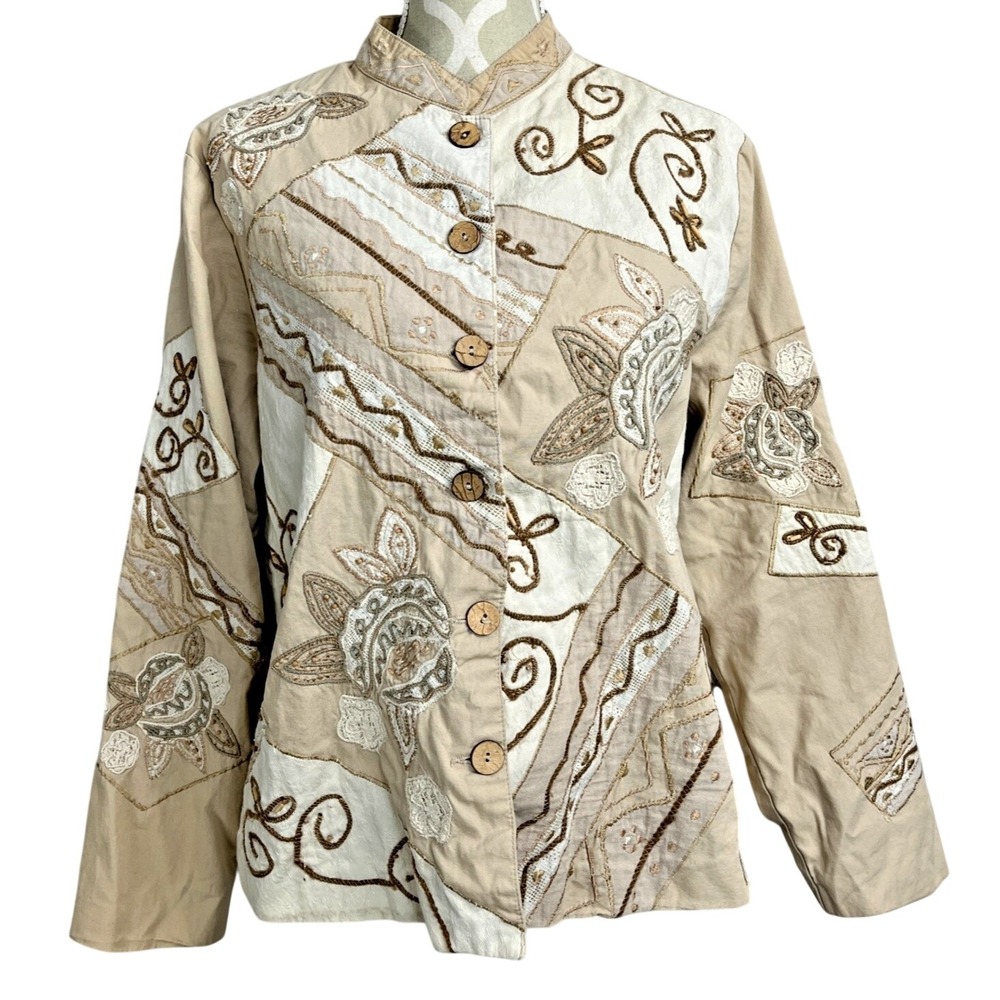 Vintage Embroidered Patchwork Cotton Jacket Beige Floral Boho PL U4KOH1428‎